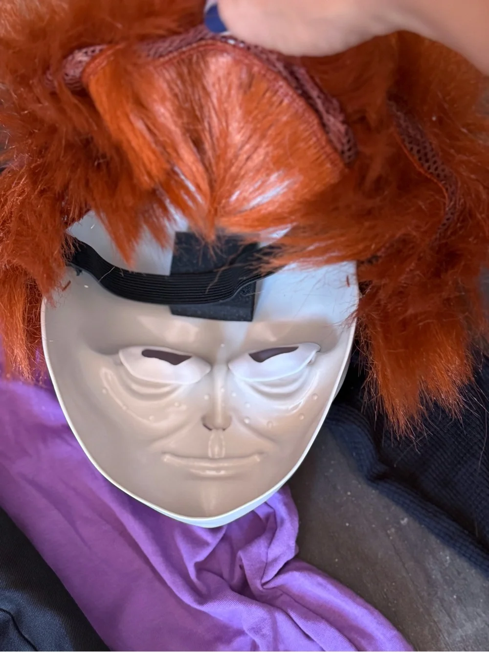 Spirit Chucky-Inspired Purple and Black Costume with Orange Wig Mask